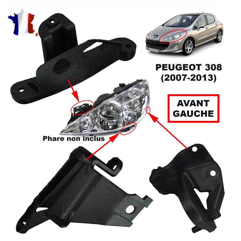 Kit, support, pattes, clips, pour phare 308 I, 408 I, gauche